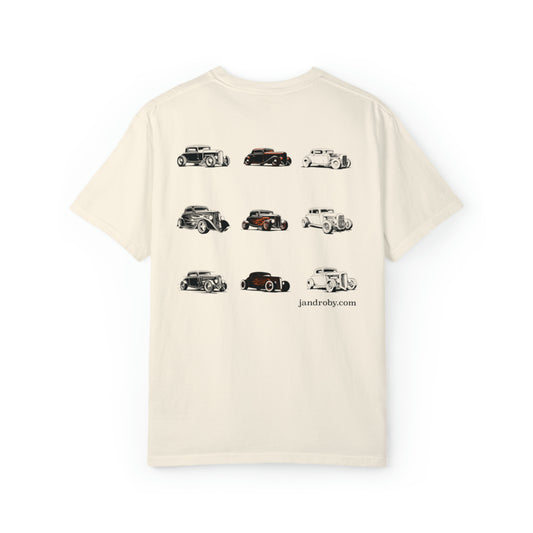 Jandroby Ivory T-shirt with hot rod design on 100% ring-spun cotton.