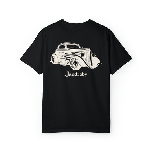 Jandroby Ivory T-shirt with hot rod design on 100% ring-spun cotton.