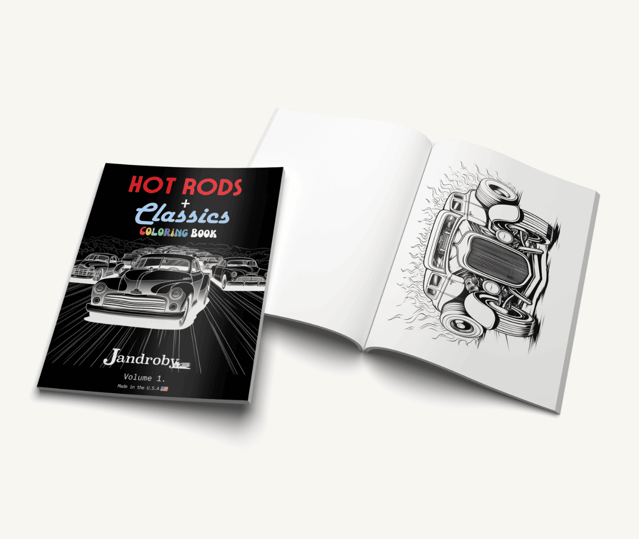 The Jandroby Hot Rod and Classic Car Coloring Book with a Hot Rod Coloring Page open
